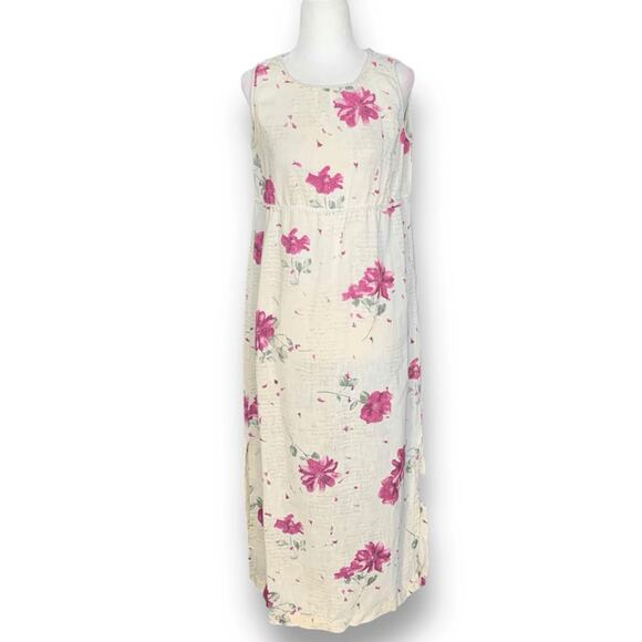 Vintage 90s Maxi Dress Cream Linen Purple Floral Script Print Sleeveless Lace - Picture 14 of 14